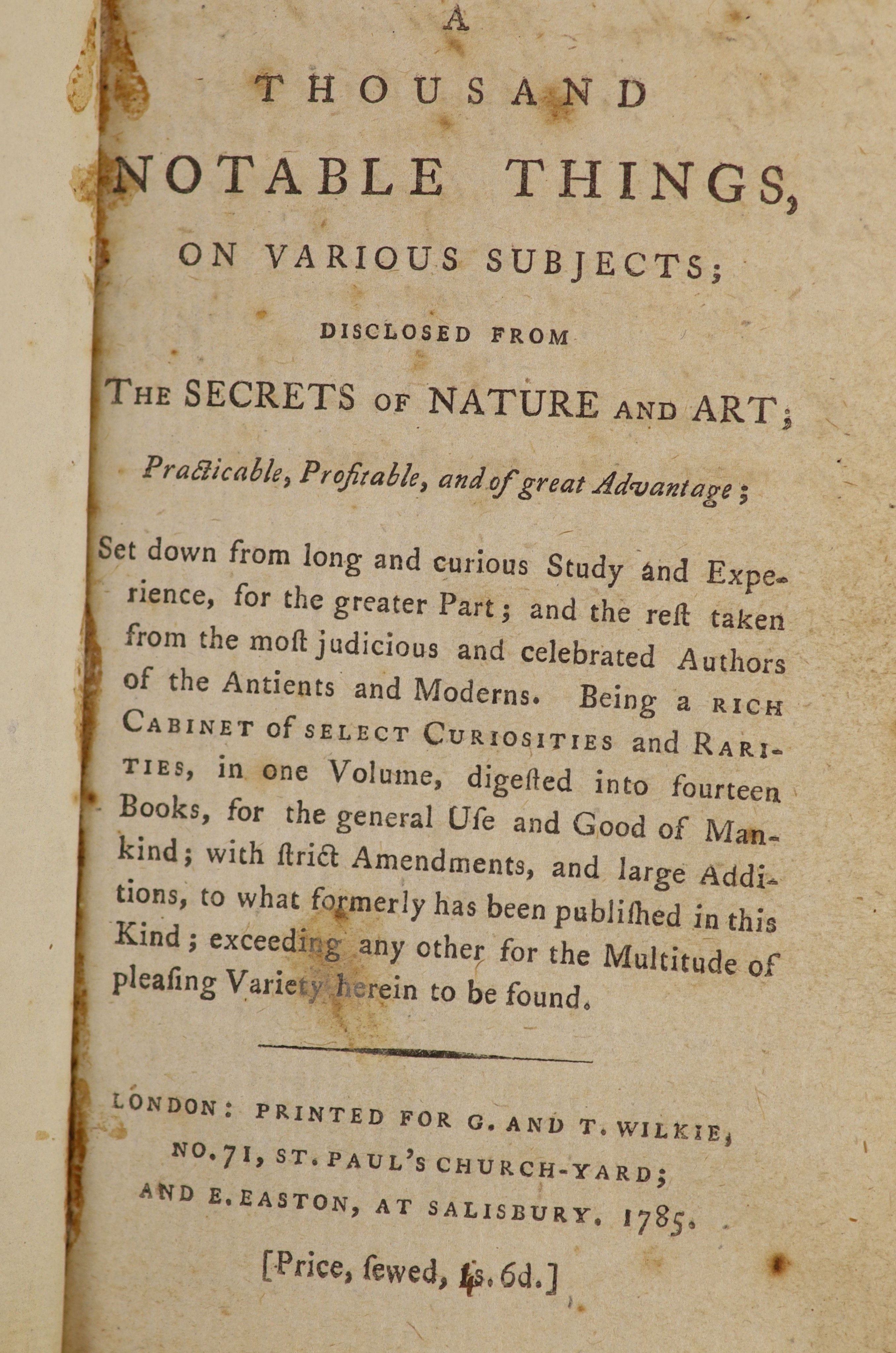 [Lupton, Thomas] - A Thousand Notable Things, 12mo, calf, London, 1785 and The Gentleman’s Mathematical Companion for the year 1825 and 1826